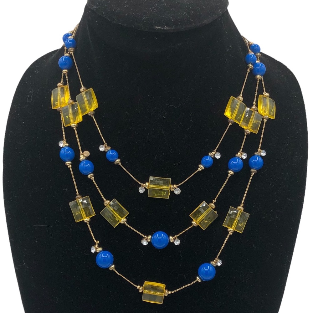 Multi Strand Necklace Blue Yellow Beads Rhinestones Statement Extender
